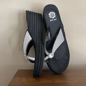 Stunning Yellow Box HEMENA Heavily Rhinestone Embellished Leather Wedge Sandal